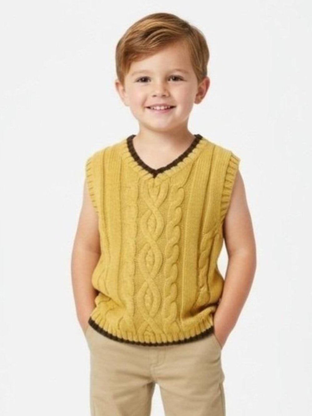 Boys Janie and Jack Harvest Yellow Cable Knit Sweater Vest sz 12-18M Brown Fall